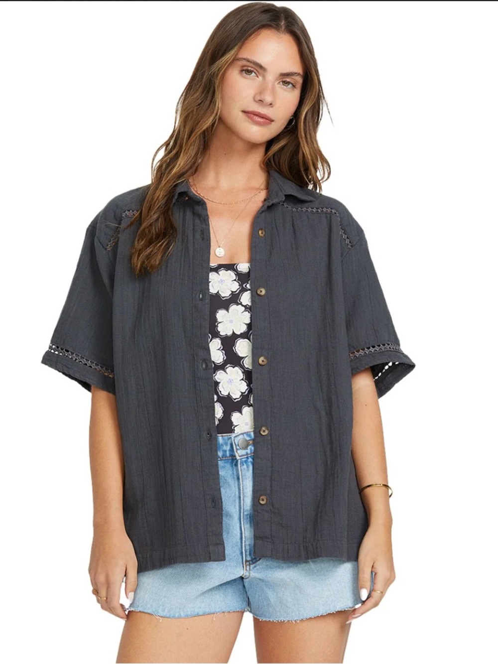 Billabong Summers End Black Woven Shirt With Eyelet Lace Inserts Size L NEW